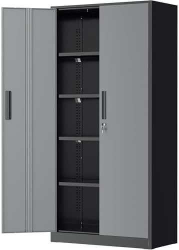 Greenvelly Metal Garage Storage Cabinet with Lock, 72”Metal Storage Cabinet with 2 Doors and 4 Adjustable Shelves, Steel Tool Cabinet for Garage,Home Office, School,Gym (Black Grey)