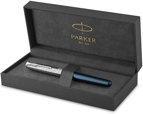 PARKER Sonnet Fountain Pen Premium Metal and Blue Satin Finish with Chrome Trim Fine 18k Gold Nib with Black Ink Cartridge Gift Box