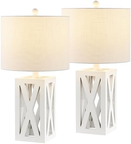 JONATHAN Y Stewart Rustic Wood Bedside Table Lamp 21.5", White, Set of 2