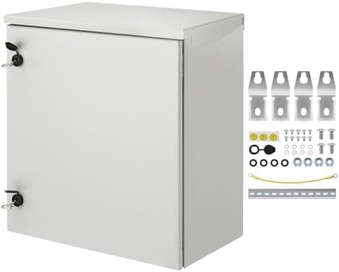 VEVOR Electrical Enclosure, 24'' x 24'' x 12'', NEMA 4 Outdoor Enclosure, IP65 Waterproof & Dustproof Cold-Rolled Carbon Steel Hinged Junction Box for Outdoor Indoor Use, with Rain Hood