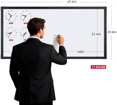 4x2 Ft Magnetic Whiteboard with 4 U.S. Time Zone Clocks, Black Wood Frame