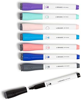 U Brands Fine Tip Dry Erase Markers with Eraser, Low Odor Whiteboard Markers Fine Tip, Assorted Bright Colors, Set of 8