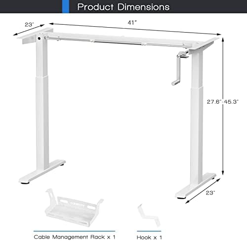 COSTWAY Crank Standing Desk Frame, Manual Hand Crank Workstation Base, Ergonomic Sit to Stand Base w/Foldable Crank Handle, Hook, Cable Management Rack (White)