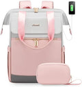 LOVEVOOK Laptop Backpack for Women, 15.6 Inch Work Laptop Bag with USB Port, Fashion Teacher Nurse Backpack Purse, Waterproof Travel Computer Backpack with Organizer Bag, 2PCS, Grey-Pink