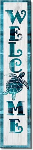 Spoontiques Sea Turtle Welcome Porch Sign - Decorative Home Décor Wooden Signs - Rustic Outdoor Decoration - Durable and Weatherproof - Entryway Decoration - 8” x 40”