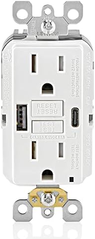 Leviton 15A SmartlockPro Self-Test GFCI Combination with Type A & Type-C USB in-Wall, USB Charger for Smartphones and Tablets, GUAC1-W, White