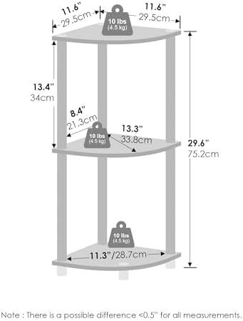 Furinno Turn-N-Tube Corner Shelf, 3-Tier Corner Bookshelf, White