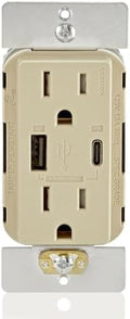 Leviton T5634-I 60W (20V@2.5A+ 5V@2A) USB Dual Type A/Type-C Power Delivery in-Wall Charger with 15A Tamper-Resistant Outlet, USB Charger for Smartphones, Tablets, Laptops, Ivory