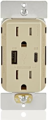 Leviton T5634-I 60W (20V@2.5A+ 5V@2A) USB Dual Type A/Type-C Power Delivery in-Wall Charger with 15A Tamper-Resistant Outlet, USB Charger for Smartphones, Tablets, Laptops, Ivory