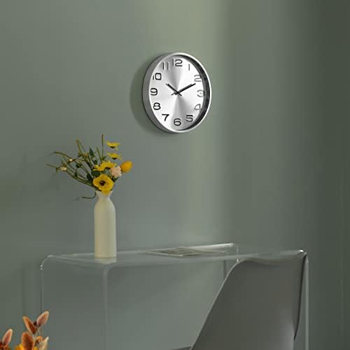 Clockswise Modern Decorative Aluminum Round Wall Clock for Living Room, Kitchen, Dining Room, Silver