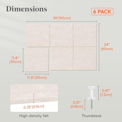 Lifewit 36"x 24" Felt Bulletin Board with Self-Adhesive, 6 Pack Cork Board Alternative for Walls, Large Pin Board Vision Board Message Board with 30 Pushpins for Office Decor, Room Decor, Oatmeal