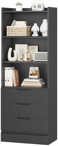 DICTAC Bookcase with 3 Drawers and Shelves 73.23'' Tall Bookshelf with Storage Modern Wood Closet Drawers System,Closet Organizer Unit Freestanding Tall Storage Cabinet for Home Office,Bathroom,Black