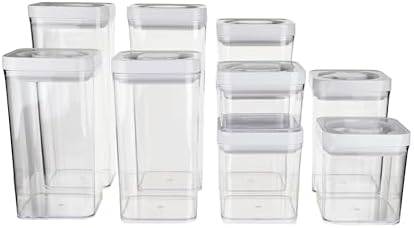 Amazon Basics Airtight Food Storage Containers, BPA Free, Dishwasher Safe, with Twist/Turn Lids, for Kitchen Pantry Organization, 10-Piece Square Set, Clear Plastic