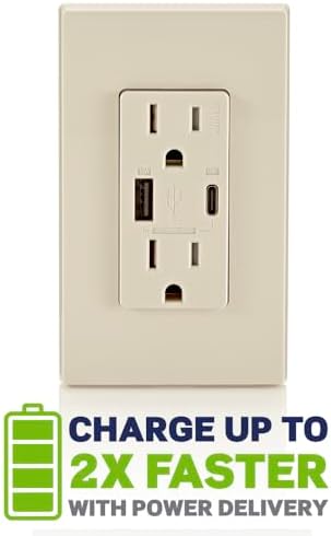 Leviton T5634-T 60W (20V@2.5A+ 5V@2A) USB Dual Type A/Type-C Power Delivery in-Wall Charger with 15A Tamper-Resistant Outlet, USB Charger for Smartphones, Tablets, Laptops, Light Almond
