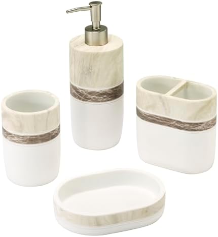 IZOD – Bathroom Accessory Set, Hand-Painted Resin with Marble Look Color-Block Design, Decorative Lotion Pump, Soap Dish, Toothbrush Holder & Tumbler (Tidal)