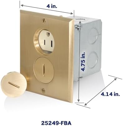 Leviton 15 Amp Commercial Grade Self Grounding Duplex Outlet Floor Box, 25249-FBA, Ivory/Brass