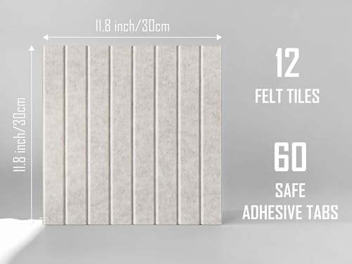Slated Felt Bulletin Board Tiles | Cork Board Alternative for Walls | Wall Panels for Office & Home Decor | Aesthetic Pinboard & Photo Board | 12-Pack (11.8" x 11.8") with Adhesive | Ivory