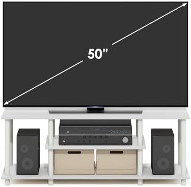 Furinno Turn-N-Tube 3-Tier Toolless Assembly TV Stand, White | for TV up to 50 Inch, Open Frame Rectangular Entertainment Center with Storage Shelf, TV Console, for Living Room, Bedroom