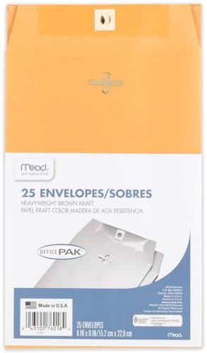 Mead Envelopes, 6" x 9", Clasp Closure, Brown Kraft All-Purpose 24-lb Paper Mailing Envelopes, 25 Count (76018)