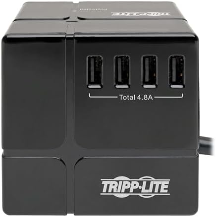 Tripp Lite 3 Outlet Surge Protector with USB, Detachable Wall Outlet Surge Protector, 6 USB Ports, 6 ft. Cord, 540 Joules, Black, TLP366CUBEUSBB