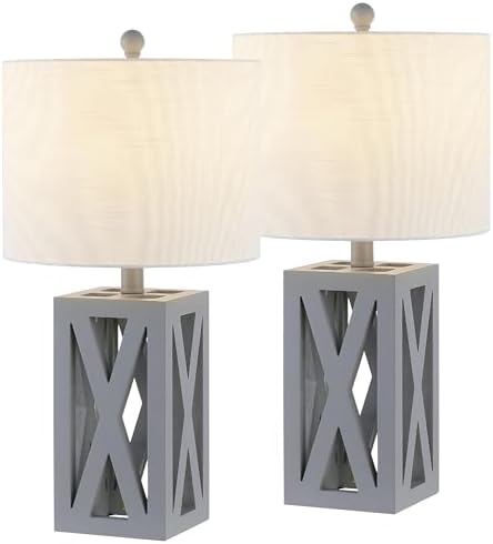 JONATHAN Y Stewart Rustic Wood Bedside Table Lamp 21.5", Gray, Set of 2