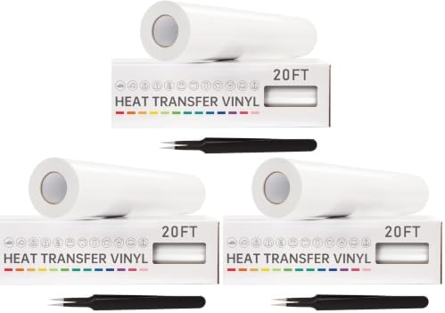 VinylRus Heat Transfer Vinyl-12” x 20ft White Iron on Vinyl Roll for Shirts, HTV Vinyl for Silhouette Cameo, Easy to Cut & Weed (Pack of 3)