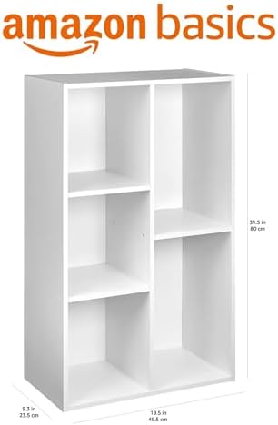 Amazon Basics 5 Cube Storage Organizer Bookcase, Sturdy Shelves for Books and Collectibles, White, 9.25"D x 19.49"W x 31.5"H