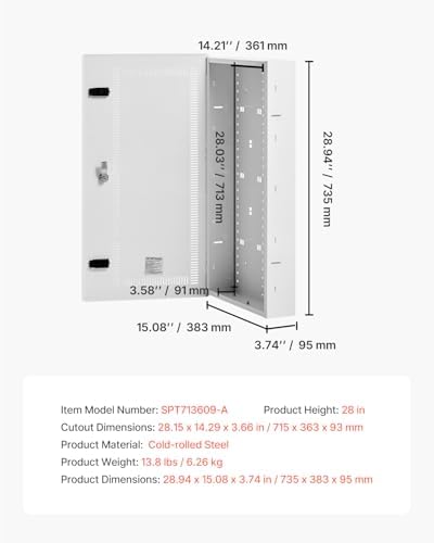 VEVOR Media Enclosure, 28-Inch, Structured Media Center with Vented Hinged Door, Cable Management Box, Structured Wiring Multi-Media Cabinet, Recessed Electrical Media Box, for Network Distribution