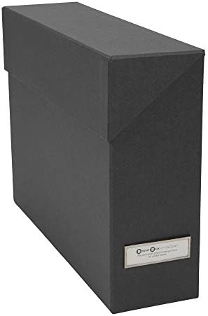 Bigso Lovisa Fiberboard Label Frame 12 File Storage Box - Document Organizer for Important Paperwork - Durable Hanging File Box w/Flip Top Lid & Metal Label Window - 3.7in x 13in x 9.4in - Dark Grey