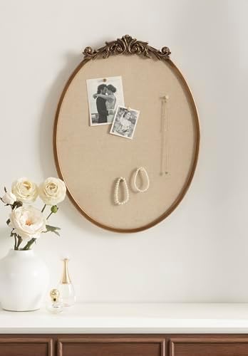 Kate and Laurel Arendahl Decorative Oval Pinboard, 18 x 24, Gold, Framed Round Ornate Vintage Cork Board for Use as Motivational Vision Board or Wall Organizer