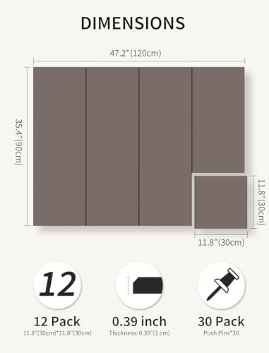 48" x 36" Cork Board Alternative, 12 Pack Felt Bulletin Board Tiles with 30 Adhesive Tabs Wall Push Pin Board for Office Classroom Bedroom Decor