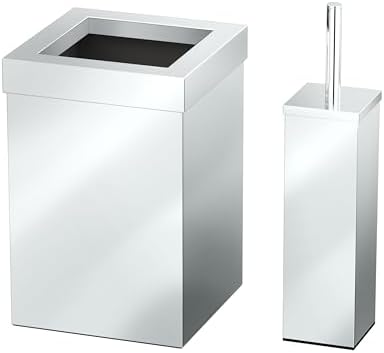 Gatco Small Bathroom Trash Can with Lid and Toilet Brush Set, Square 3 Gallon Stainless Steel Wastebasket, Under Sink, Chrome, for Bathroom, Bedroom, Office (2970)