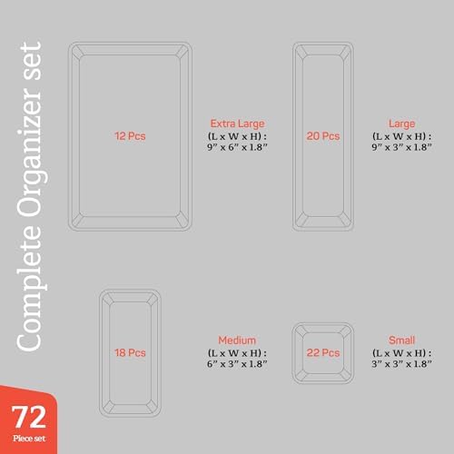 Emporio Kitchen Drawer Organizer Set - 12, 20, 18, 22 Pcs Stackable Storage Trays (9x6, 9x3, 6x3, 3x3) For Kitchen, Makeup, Office - Pack of 72