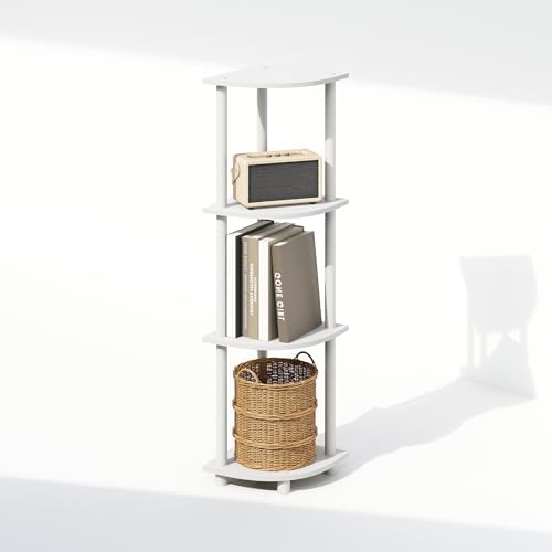 Furinno Turn-N-Tube Corner Shelf, 4-Tier Corner Bookshelf, White