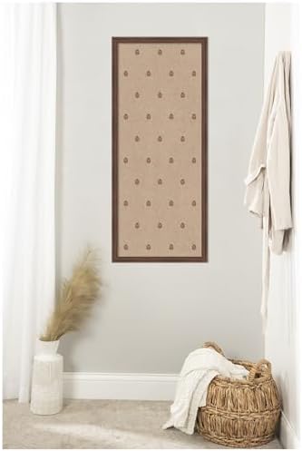 Kate and Laurel Framed Fabric Pinboard 18 x 42, Red Botanical Block Print Printed Linen Classic Bulletin Board for Use as a Vision Board or Wall Organization, Florence Medium Brown Frame