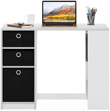 Furinno Jaya Desk, 39.4" Wide Gaming Desk with Drawer Bins, Computer Desk with Side Book Shelf, Writing Desk, Office Desk for Home Office, Study Room, Dorm, Bedroom, White