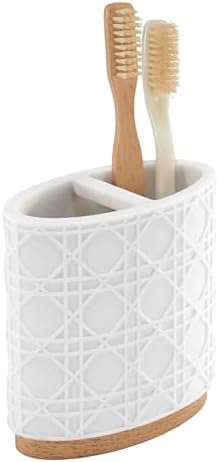 Nicole Miller - Toothbrush Holder, Durable Resin Countertop Accessories with Faux-Wood Base, Modern Bathroom Decor, Dorm Room Essentials (Lena Collection, White)