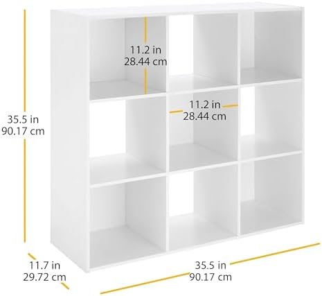 Whitmor 9 Cube Bookcase, 3 Tier Stackable MDF Bookself, Open Storage Display Organizer, Storage Cabinet for Living Room, Bedroom, Home, Office, 35.5" L x 11.7" W x 35.5" H, White