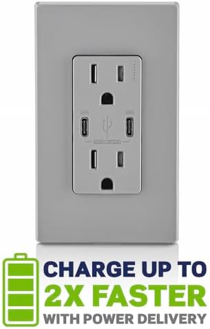 Leviton 30W (6A) USB Dual Type-C/C Power Delivery In-Wall Charger with 15A Tamper-Resistant Outlet, USB Charger for Smartphones, Tablets, Laptops, T5635-G, Gray
