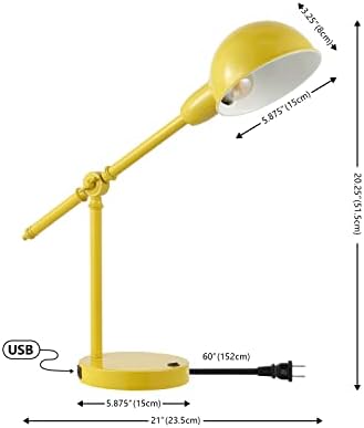 JONATHAN Y 20.25" Yellow Vintage Industrial Iron Adjustable Task Lamp with USB Charging Port for Office Desk, Metal Yellow Dome Shade, LED Bulb Included (JYL7123C)