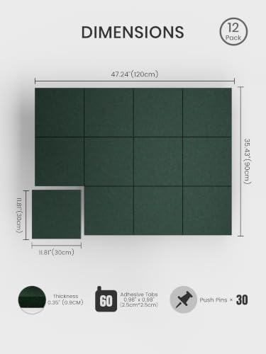 Bumusty 48"x 36" Large Felt Bulletin Board Tiles, Pine Green