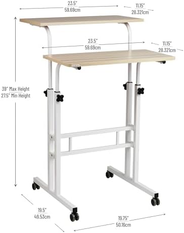 Mind Reader Standing Desk, Adjustable Height Laptop Workstation, Portable Rolling Desk on Wheels, Two-Tier Metal Frame, White