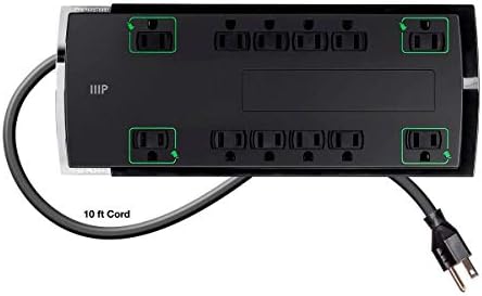 Monoprice 12 Outlet Slim Surge Protector - UL Rated, 4,230 Joules, Grounded And Protected Light Indicator, 10 Feet, Black