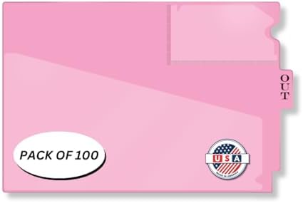 Doctor Stuff - Center Tab Vinyl Out Guides, Diagonal Cut Front Pocket, Top Charge Out Slip Pocket, Plastic File Folder, Letter Size 9" x 13-1/4", Pink, 100/Box