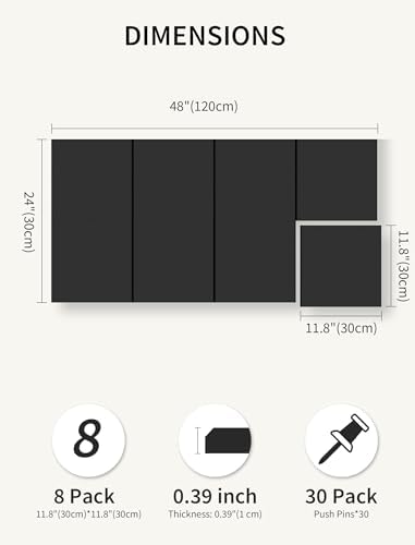 48" x 24" Cork Board Alternative, 8 Pack Felt Bulletin Board Tiles with 30 Adhesive Tabs Wall Push Pin Board for Office Classroom Bedroom Decor