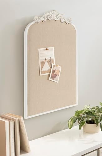 Kate and Laurel Arendahl Decorative Arch Pinboard; 19 x 31; White; Framed Arched Ornate Vintage Cork Board for Use as Motivational Vision Board or Wall Organizer
