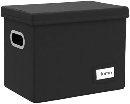 PRANDOM File Organizer Box - Set of 1 Collapsible Decorative Linen Filing Storage Hanging File Folders with Lids Office Cabinet Letter Size Black (14x9.3x10.8 inch)