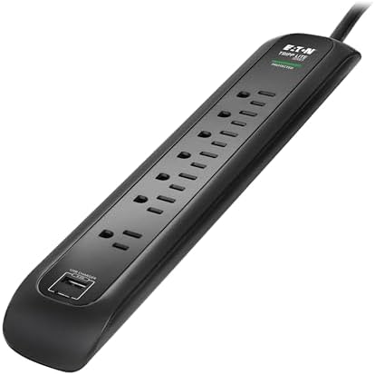 Eaton Tripp Lite Series TLP76BUC Surge Protector Power Strip with Flat Plug & USB Ports, 7 Outlets, 1500 Joules, 6ft Power Cable, Black, Manufacturer's Liftime Warranty & $25,000 Insurance