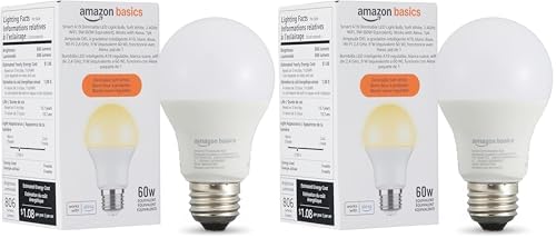 Amazon Basics Smart A19 LED Light Bulb, Dimmable Soft White (2700K), 9W (60W Equivalent), 800LM, Compatible with Alexa Only, Energy Efficient, 2.4 GHz Wi-Fi, No Hub Required, 2-Pack