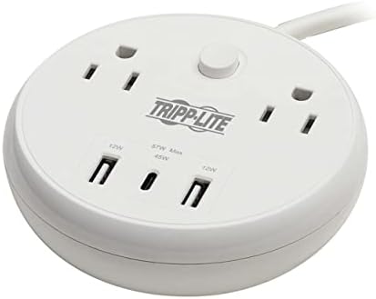 Tripp Lite Safe-IT 57W Surge Protector, 2 Outlets & 2 USB + 1 USB-C Port for Fast Charging, 300 Joules, 8 Foot 5-15P Cord, Manufacturer's Warranty & $25,000 Insurance (TLP28PD57WCAM)
